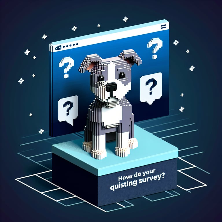 3D voxel art depicting online surveys concept, with a dark blue background, related to pit bulls.