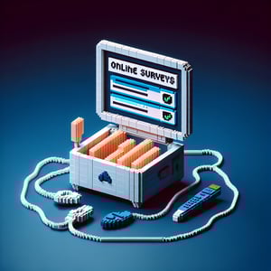 3D voxel art illustrating online kink survey concept on a dark blue background.