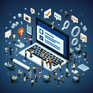 3D voxel art depicting online surveys, symbolizing post-acquisition employee survey questions.