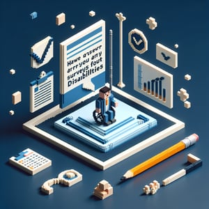 3D voxel art depicting the concept of disability surveys, set against a dark blue background.