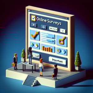 3D voxel art of online surveys with engaging elements on a dark blue background.