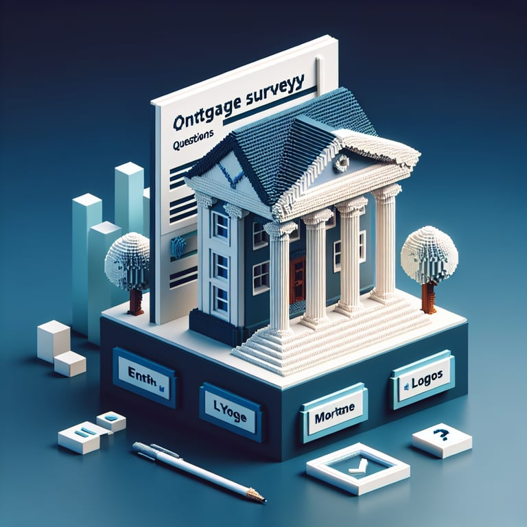 3D voxel art depicting online mortgage surveys with a dark blue background.