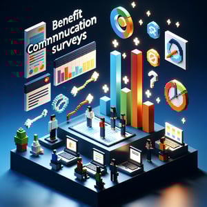 3D voxel art depicting the concept of online benefit communication survey questions on a dark blue background.