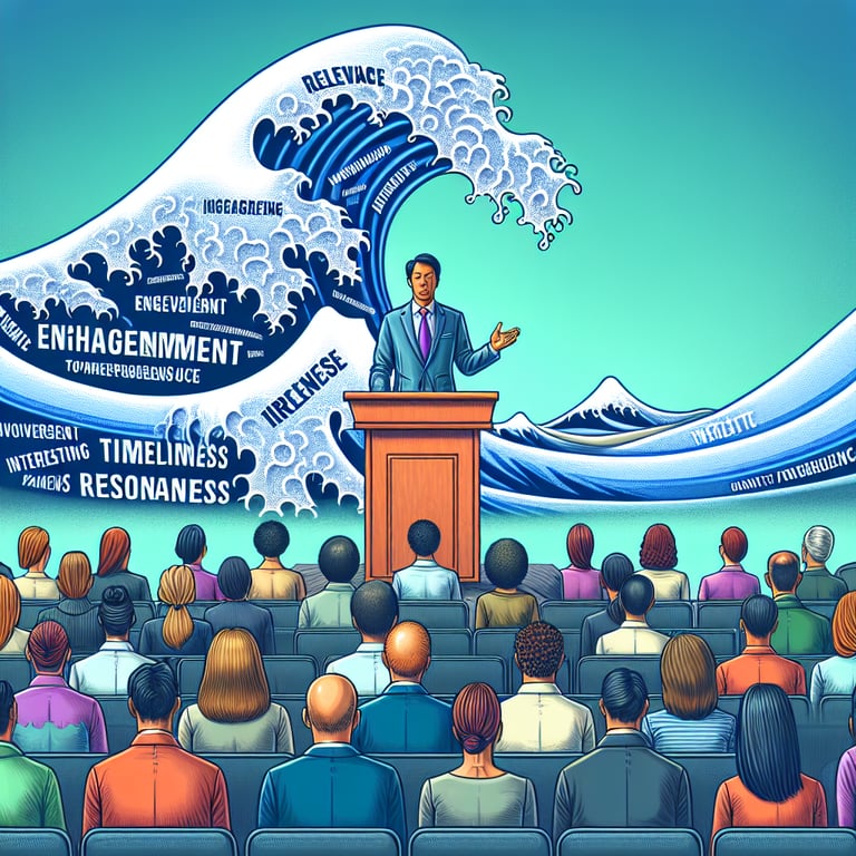 Illustration of speaker survey questions for relevant topics in a wave metaphor.