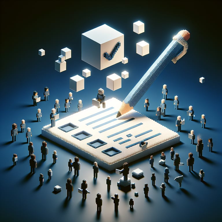 3D voxel art depicting online community surveys on a dark blue background.