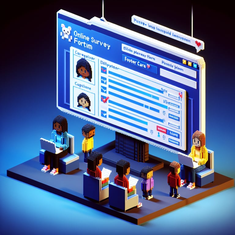 3D voxel art depicting online foster care survey process on a dark blue background.
