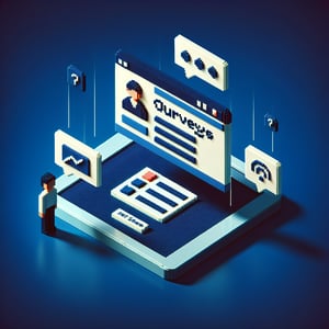 3D voxel art depicting online communication surveys with a dark blue background.