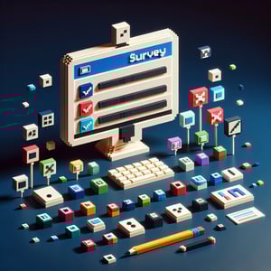 3D voxel art representing online homecoming survey questions on a dark blue background.
