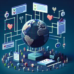 3D voxel art depicting online donor surveys on a dark blue background.