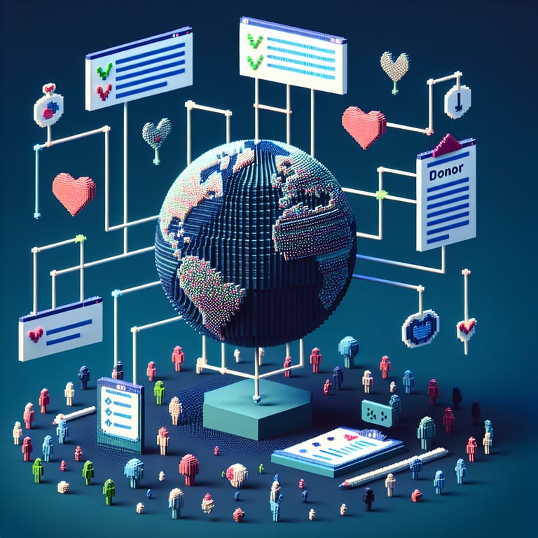 3D voxel art depicting online donor surveys on a dark blue background.