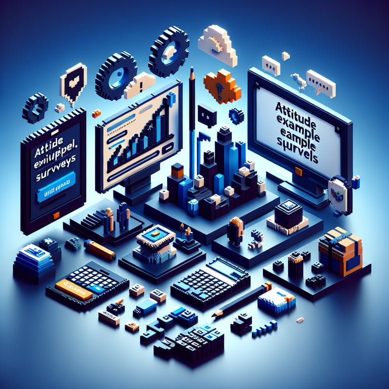 3D voxel art depicting online surveys on a dark blue background, representing attitude survey questions.
