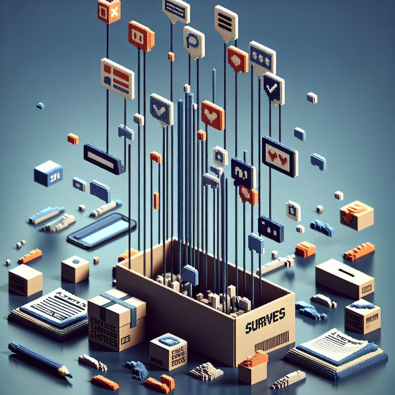 Artistic 3D voxel art depicting a broken political polling template