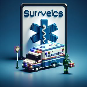 3D voxel art depicting online paramedic survey concept on a dark blue background.