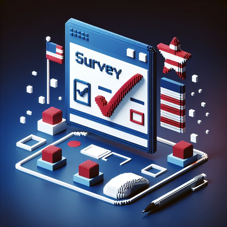 3D voxel art of online surveys symbolizing 4th of July survey questions on a dark blue background.