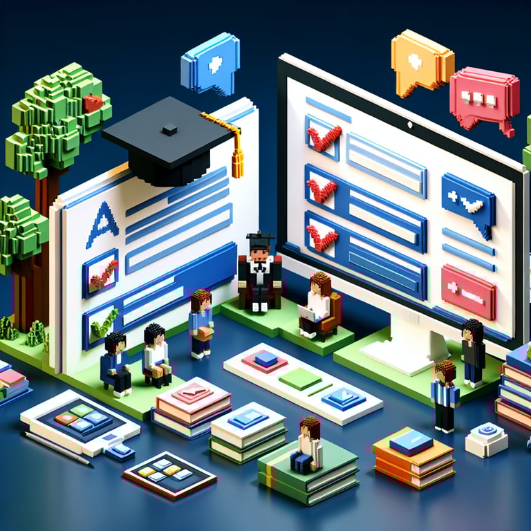 3D voxel art of an interactive dual-language survey interface on dark blue background.