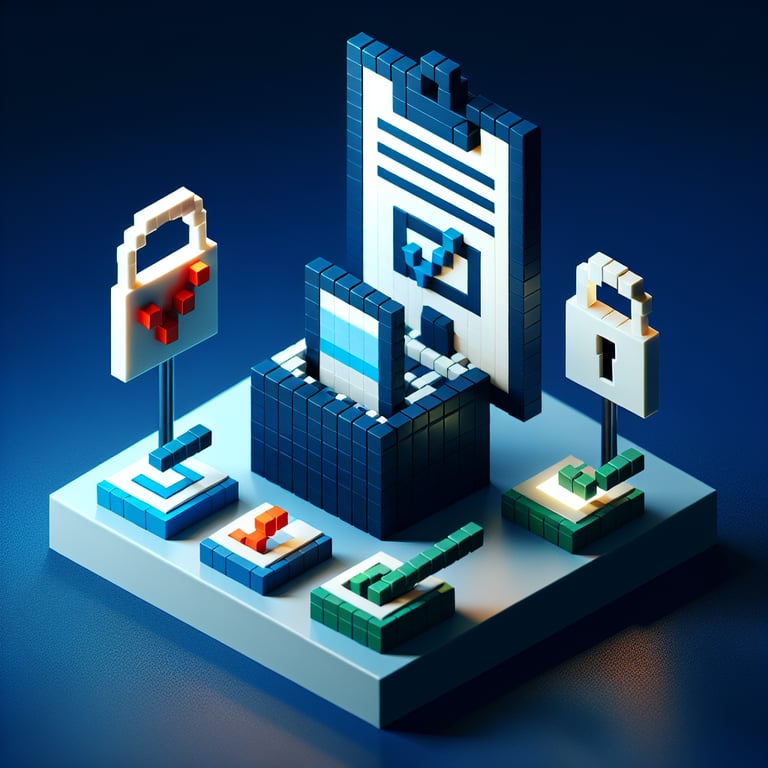 3D voxel art depicting online security surveys against a dark blue background.
