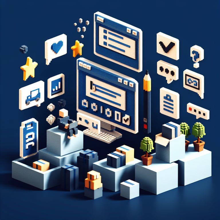 3D voxel art depicting the concept of online shopping surveys on a dark blue background.