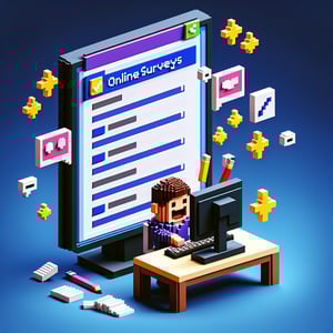 3D voxel art depicting the concept of online client satisfaction surveys on a dark blue background.