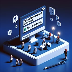 3D voxel art depicting online harassment survey concept on a dark blue background.