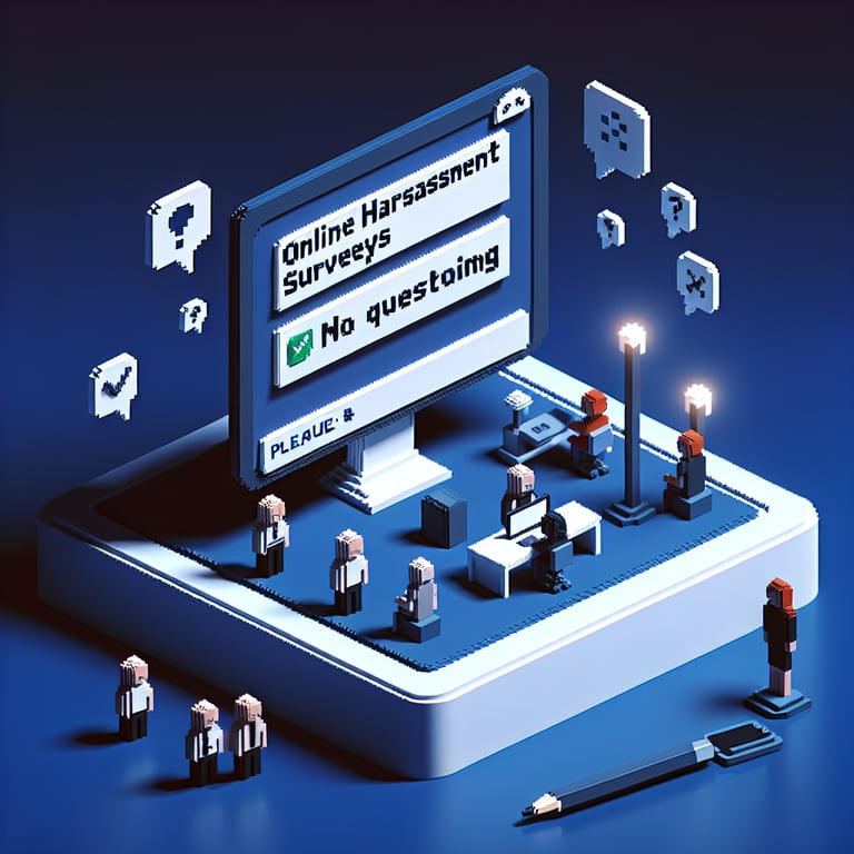 3D voxel art depicting online harassment survey concept on a dark blue background.