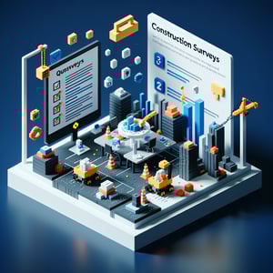 3D voxel art depicting the concept of online construction surveys on a dark blue background.