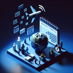 3D voxel art depicting the concept of frequency of travel through online survey symbols on a dark blue background.