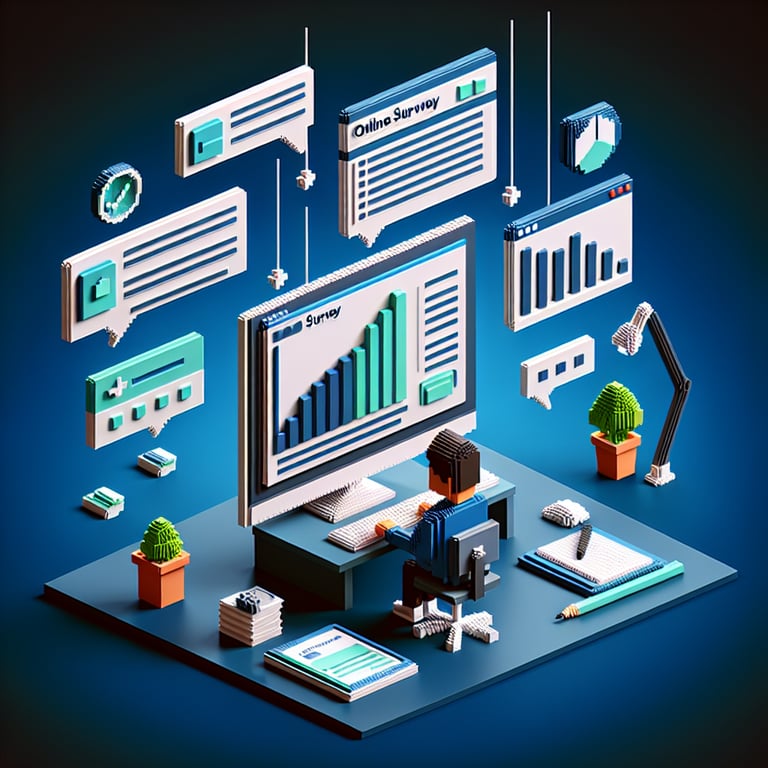 3D voxel art depicting online surveys, ideal for a landing page on college student surveys.