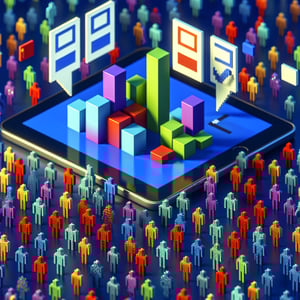 3D voxel art depicting online employee survey concept on a dark blue background.