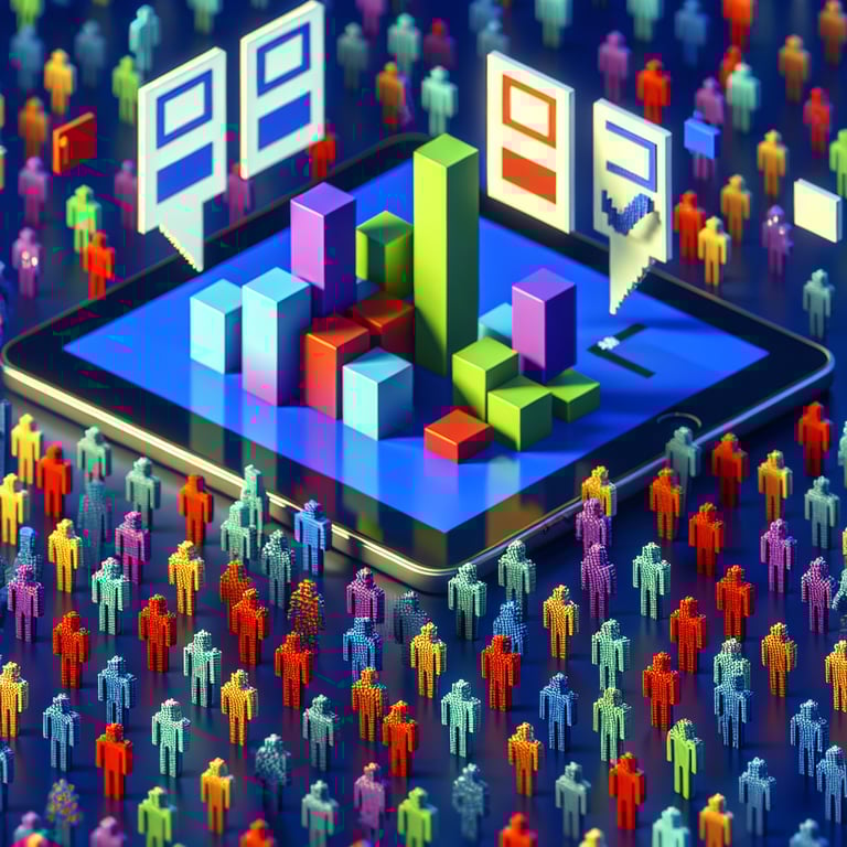 3D voxel art depicting online employee survey concept on a dark blue background.