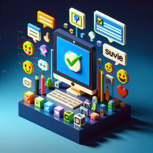 3D voxel art depicting online surveys, with a dark blue background, suitable for teen-oriented content.