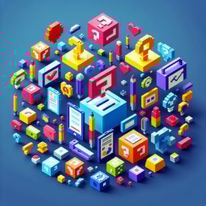 3D voxel art displaying online surveys and questions on a dark blue background, representing behavioral surveys.