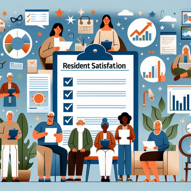 Illustration representing key topics in Resident Satisfaction survey questions.