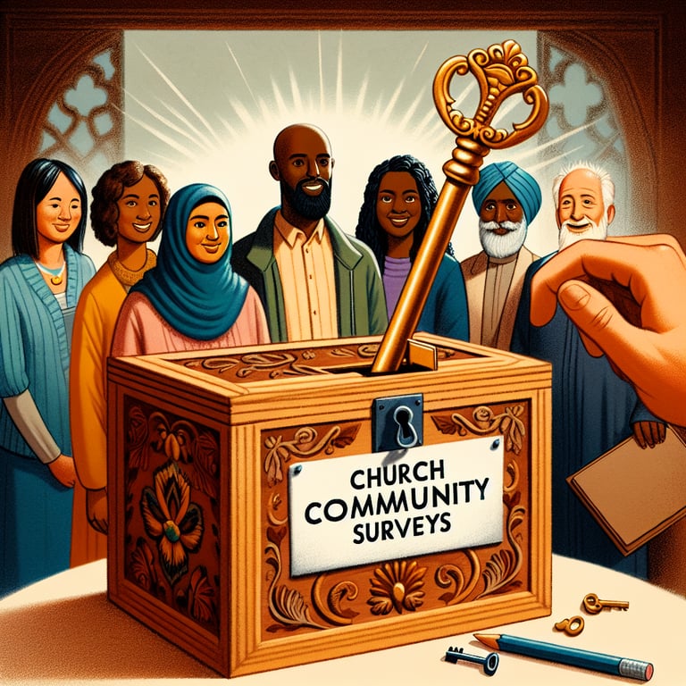 Illustration depicting key Church Community survey questions to unlock potential.