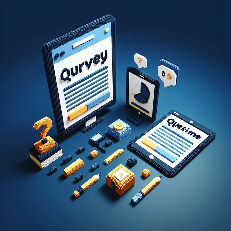 3D voxel art depicting online survey creation with emphasis on income-related questions, set against a dark blue background.