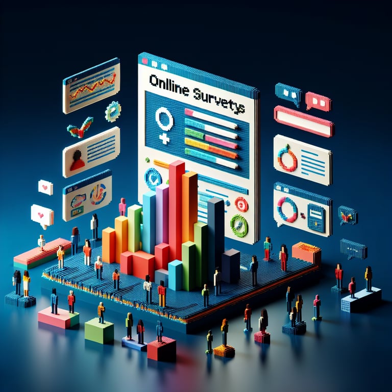 3D voxel art depicting online abortion survey concept on a dark blue background.