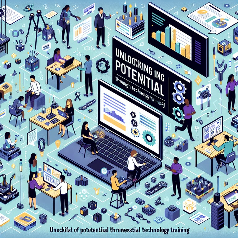 Illustration depicting essential Technology Training survey questions and outcomes for unlocking potential.