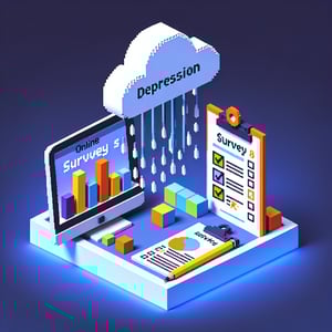 3D voxel art depicting the concept of online depression surveys on a dark blue background.