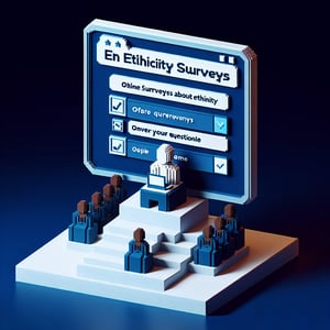 3D voxel art representing online ethnicity surveys on a dark blue background.