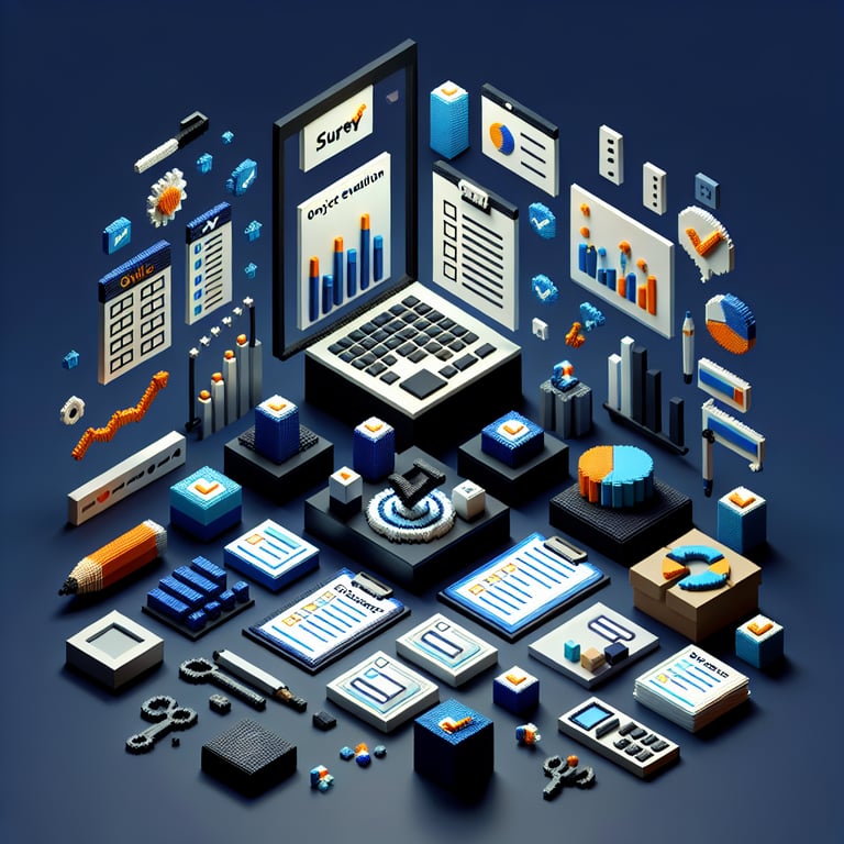 3D voxel art depicting the concept of online project evaluation surveys on a dark blue background.