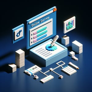 3D voxel art depicting online surveys about sexualization in advertising on a dark blue background.