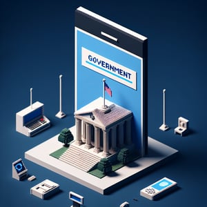 3D voxel art depicting the concept of government presence via phone surveys on a dark blue background.