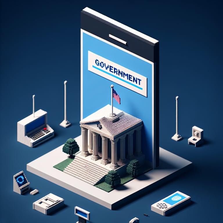 3D voxel art depicting the concept of government presence via phone surveys on a dark blue background.