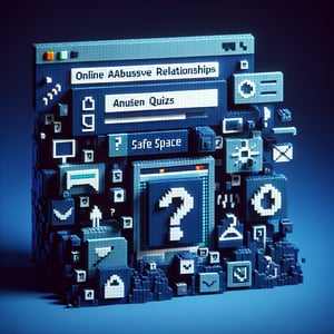 3D voxel art depicting online survey concept with emphasis on abusive relationship queries, on a dark blue background.