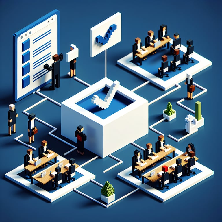 3D voxel art displaying online survey symbols set against a dark blue backdrop, representative of conference room surveys.