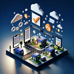 3D voxel art depicting online surveys, symbolizing mobile home marketing competitor analysis on a dark blue background.