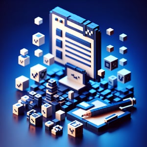 3D voxel art depicting online censorship surveys with a dark blue background.