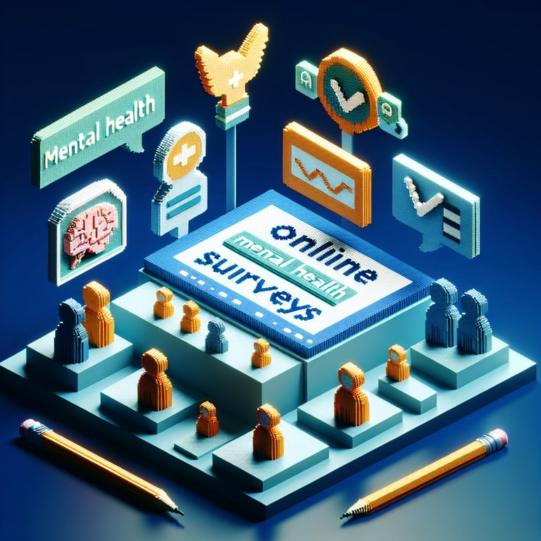 Creative 3D voxel illustration of mental well-being survey concepts