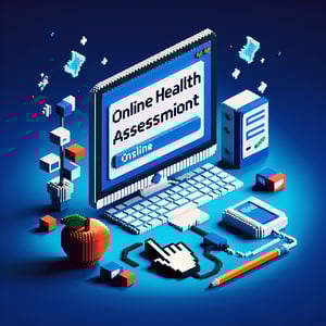 3D voxel art depicting online community health assessment survey process on a dark blue background.