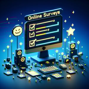 3D voxel art depicting the concept of online customer satisfaction surveys with a dark blue background.