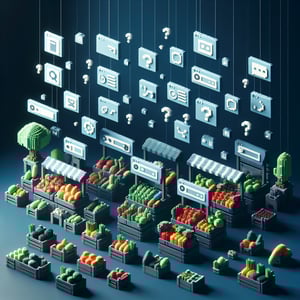 3D voxel art depicting online survey concept on a dark blue background, related to farmers market.